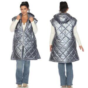 White Mark Womens Plus Size Metallic Diamond Puffer Vest Denim Slate Size 1X NWT